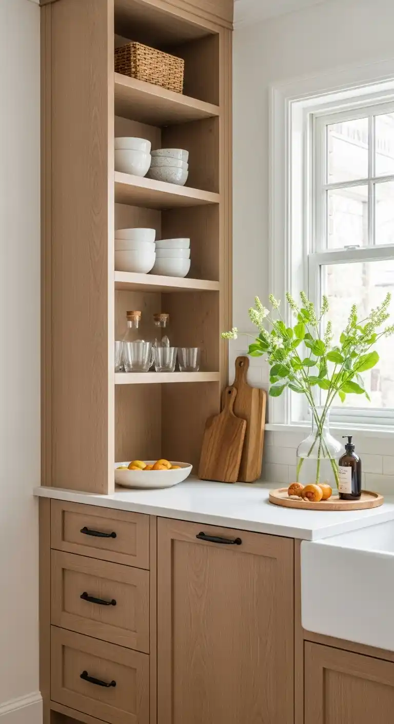 3. Open Shelving And Cabinet Combination Next To Window