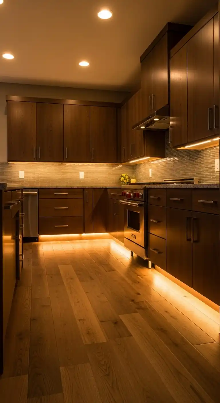 5. Warm Toe Kick Lighting For Soft Floor Level Glow