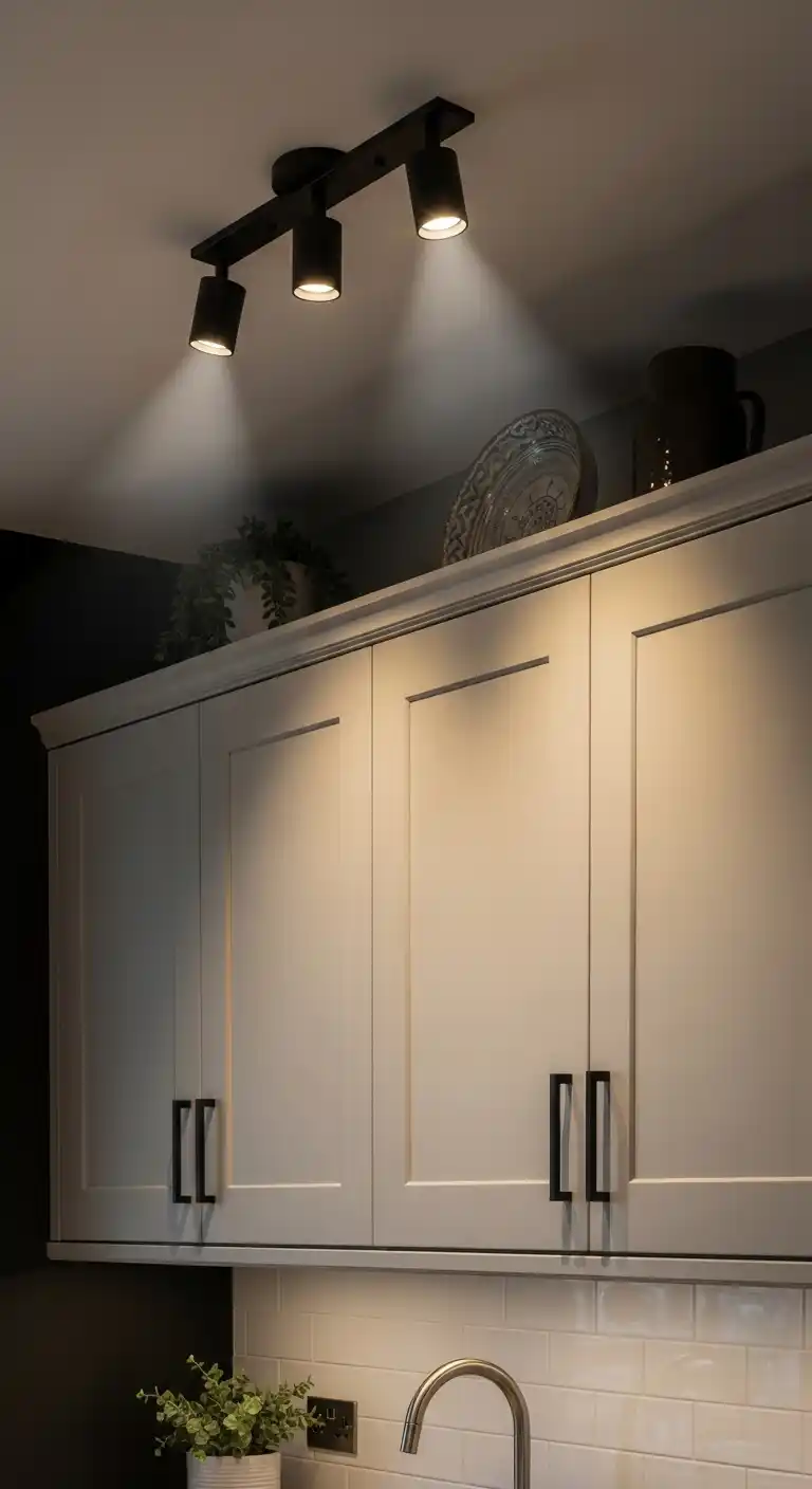 9. Spotlights For Stylish Accent Lighting Above Cabinets