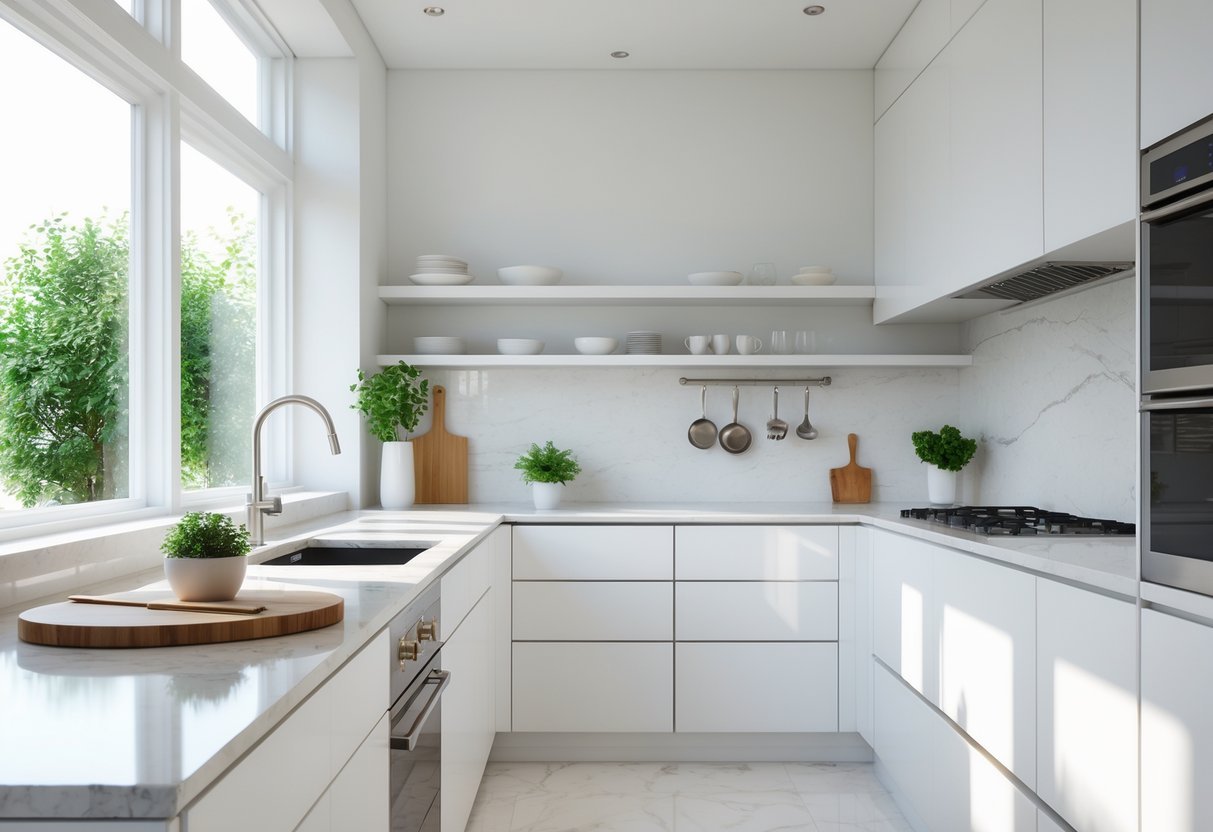 A modern kitchen with white cabinets, marble countertops, stainless steel appliances, and natural light coming through large windows.
