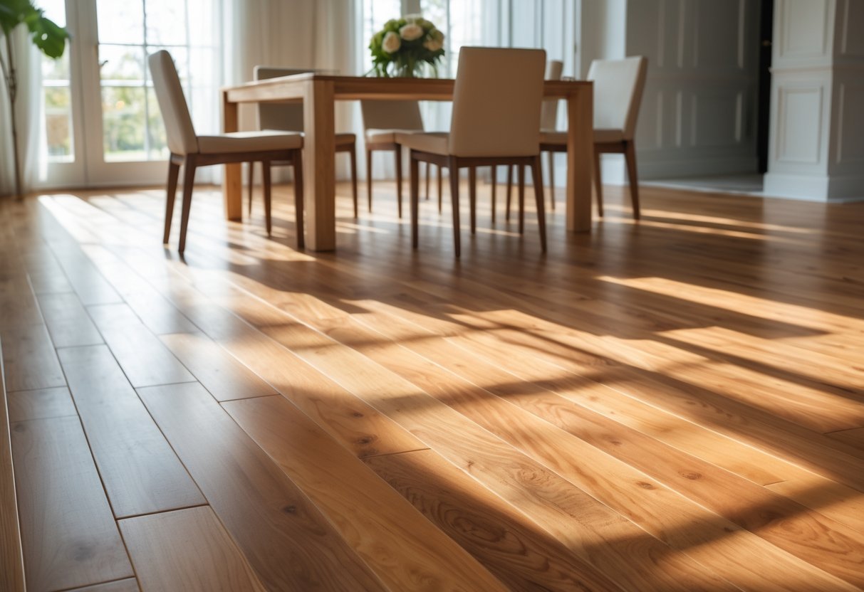 A dining room with polished hardwood flooring, a wooden dining table, and chairs under natural light.