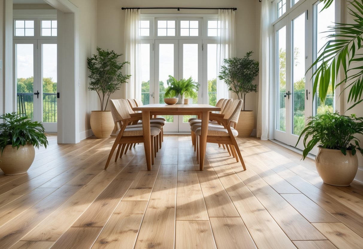 A dining room with a bamboo floor, wooden table, chairs, and green plants near large windows.