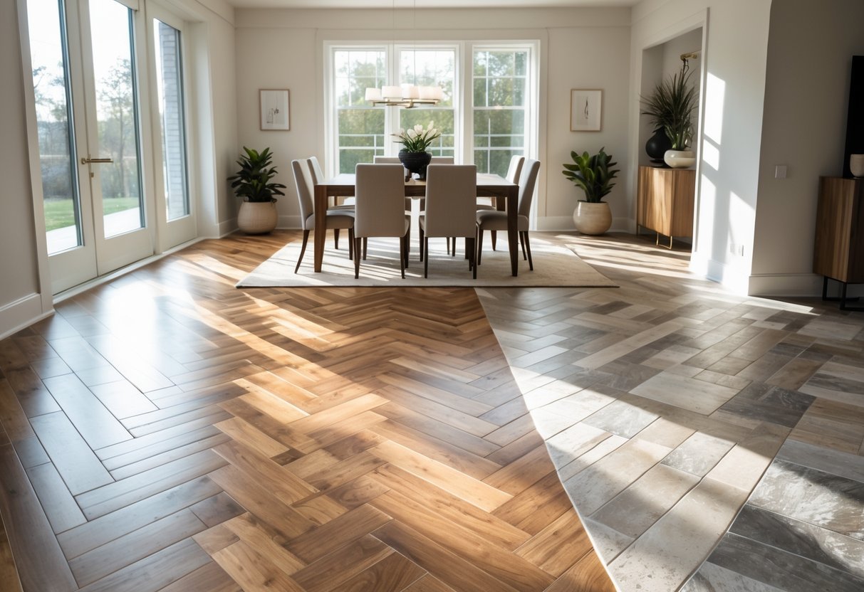 A spacious dining room with a large wooden table and chairs on a patterned wooden and stone floor, illuminated by natural light from large windows.