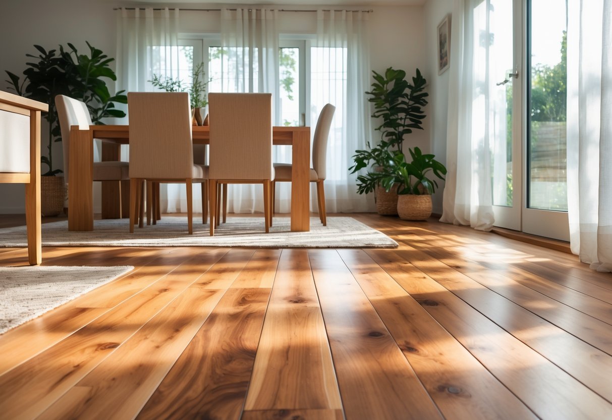 A dining room with a wooden floor, a dining table, chairs, natural light, and plants.