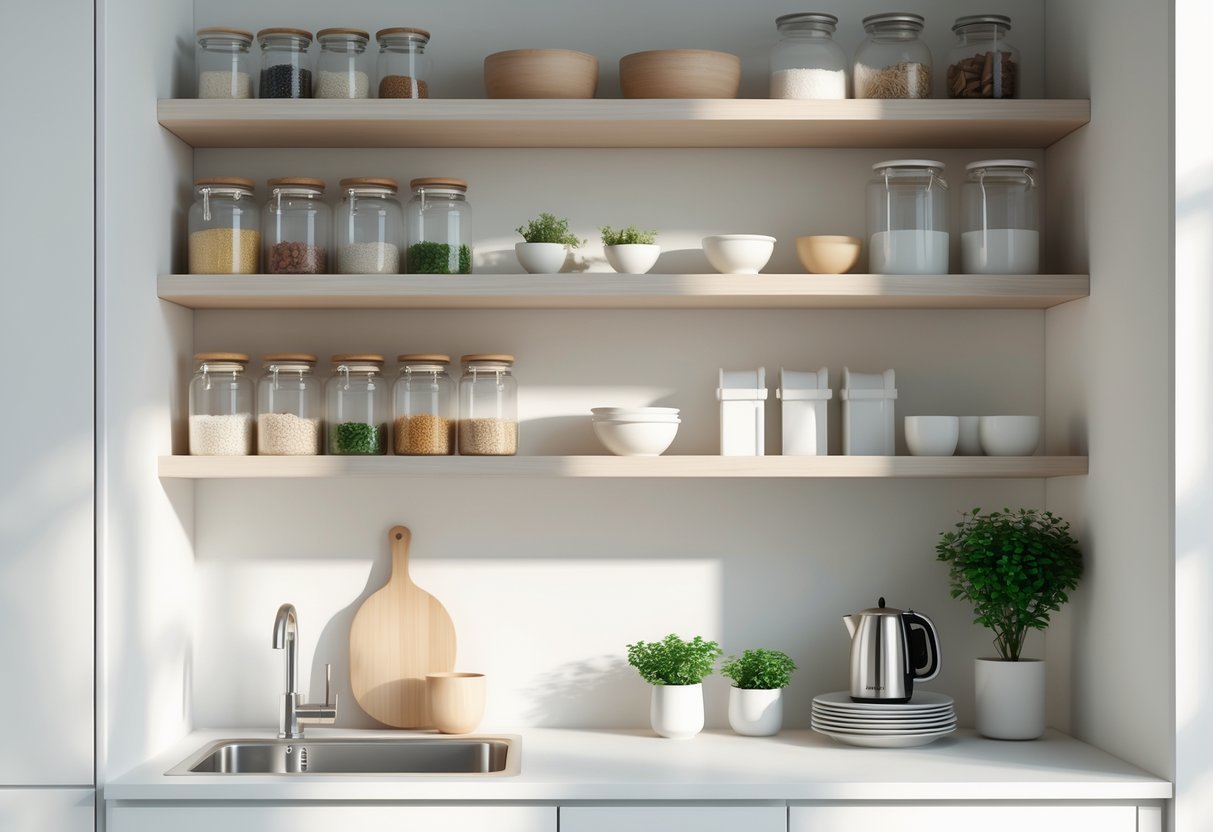 A small kitchen storage area with white cabinets, open shelves holding glass jars and potted herbs, and a clean countertop with kitchen essentials.