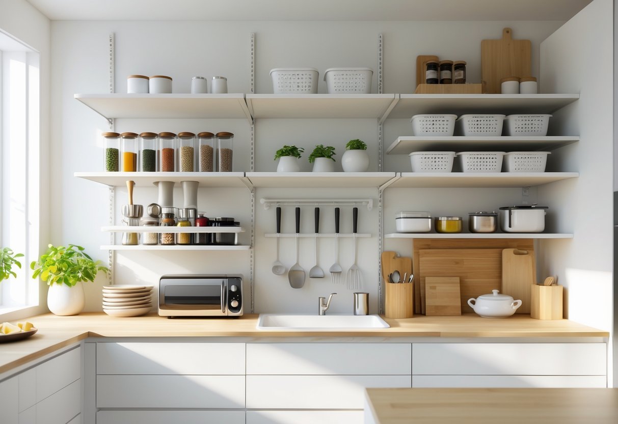 A small kitchen with modular open shelving and organized storage containers holding spices, utensils, and appliances.
