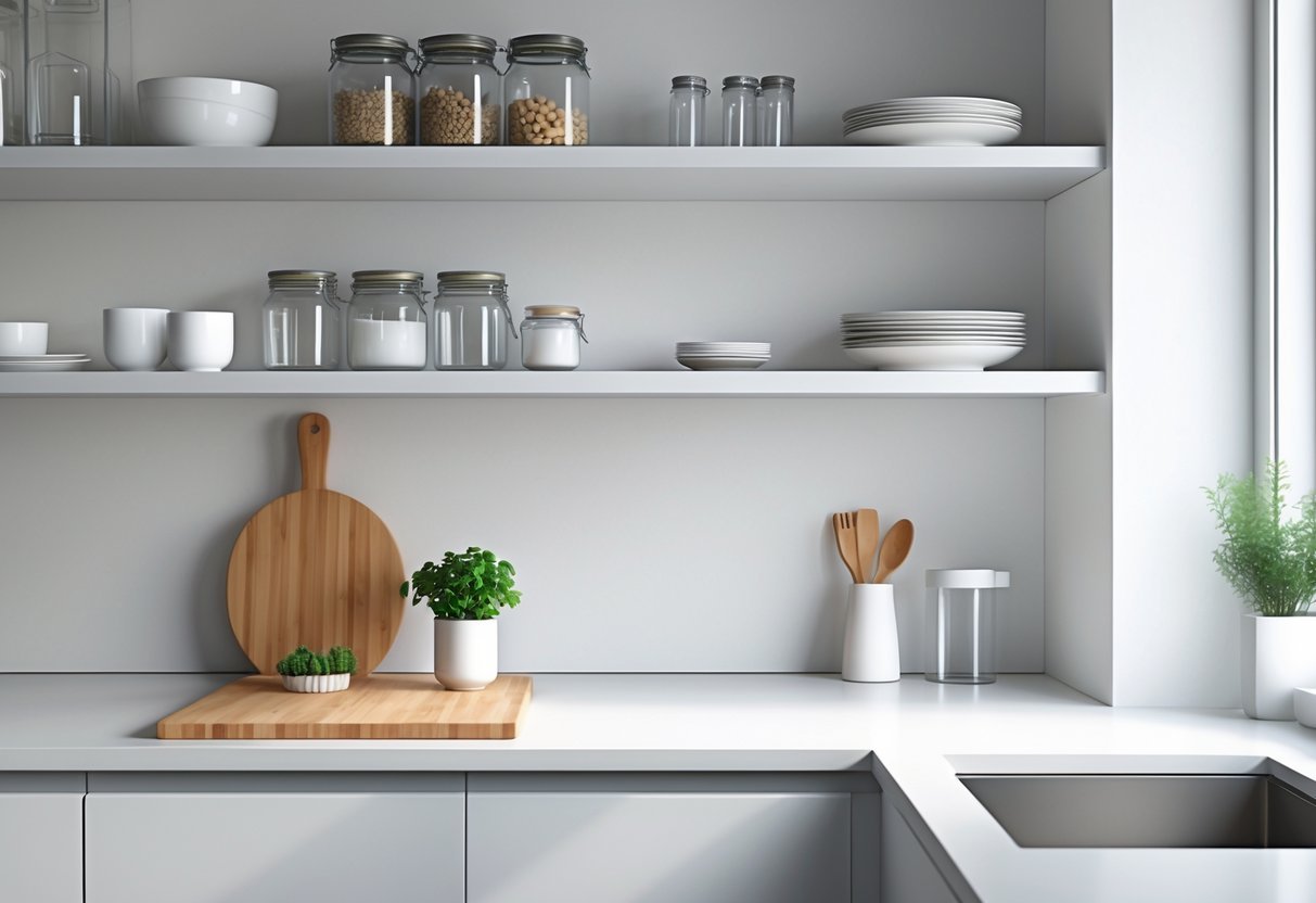Small modern kitchen with clear countertops and open shelves holding organized kitchenware and jars.