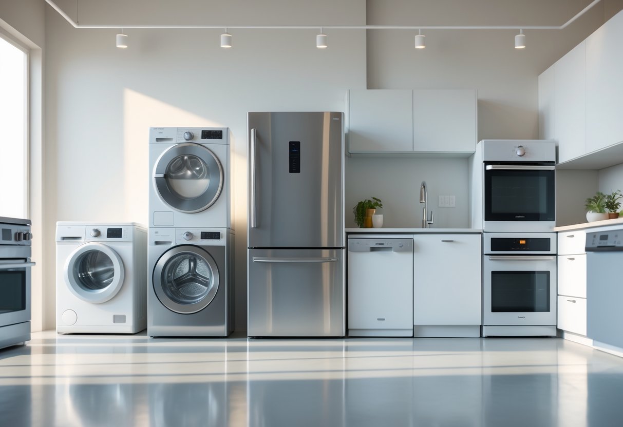 A bright showroom displaying a variety of used household appliances including a refrigerator, washing machine, oven, and dishwasher.