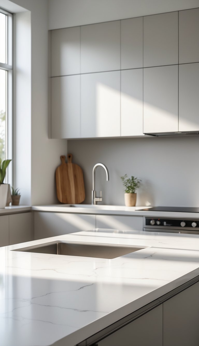A modern kitchen with a white porcelain countertop, stainless steel sink, neutral cabinets, and natural light from windows.