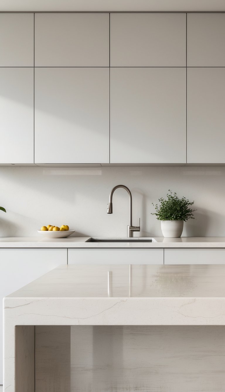 Modern kitchen with a light-colored porcelain countertop, minimalist cabinetry, and a small potted plant on the counter.