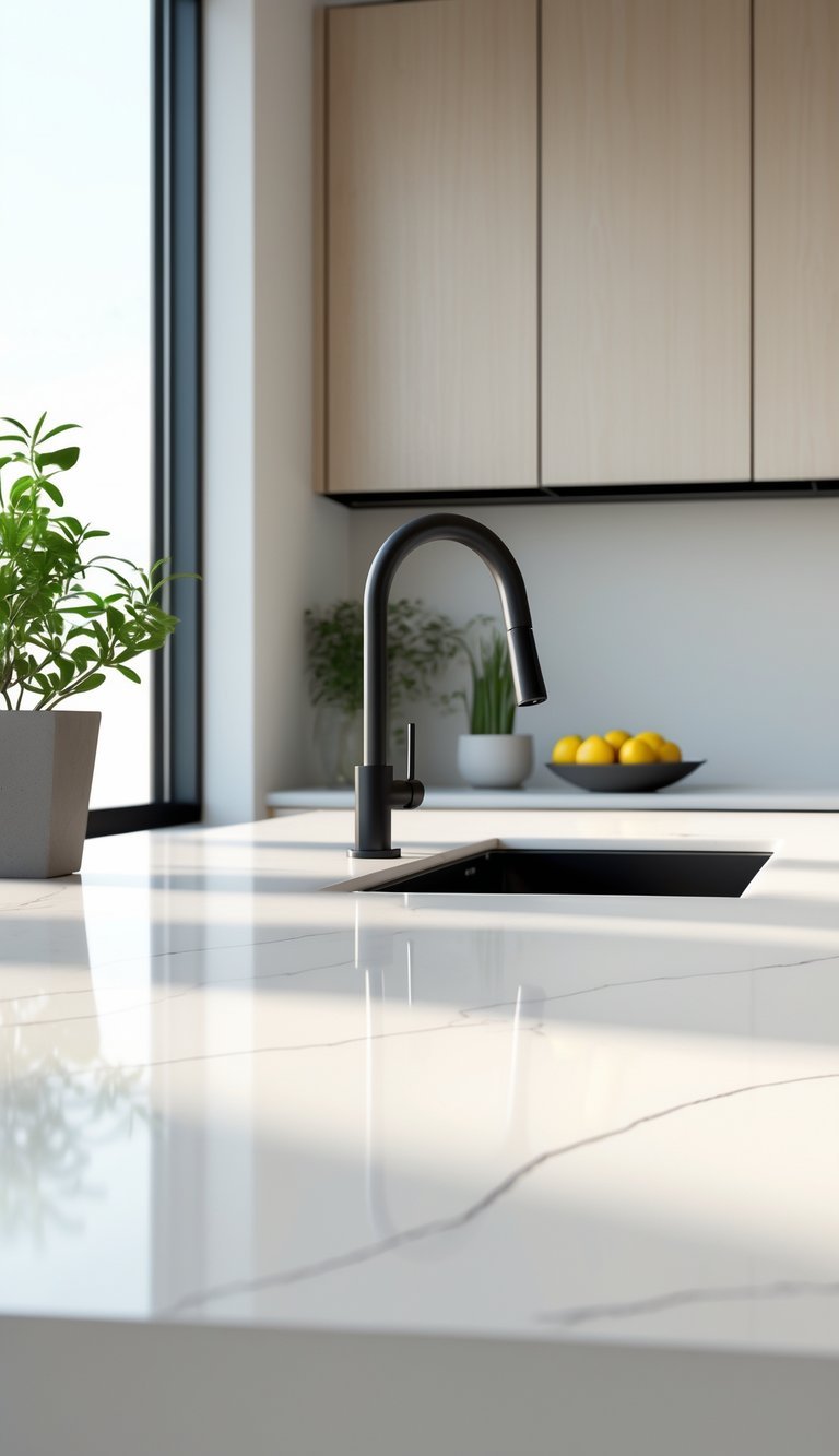 A modern kitchen with a white porcelain countertop, black fixtures, light wood cabinets, and natural light coming through a window.