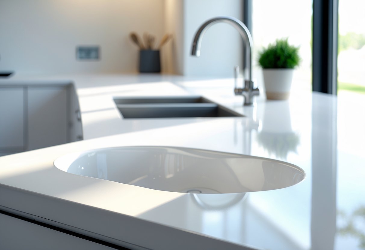 A modern kitchen countertop with an integrated sink, a chrome faucet, and a small green plant nearby.