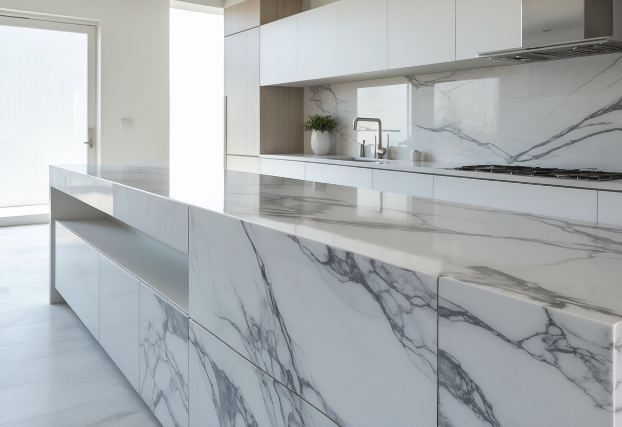 Close-up of a modern kitchen countertop with white and gray marble-like veining on a smooth porcelain surface.