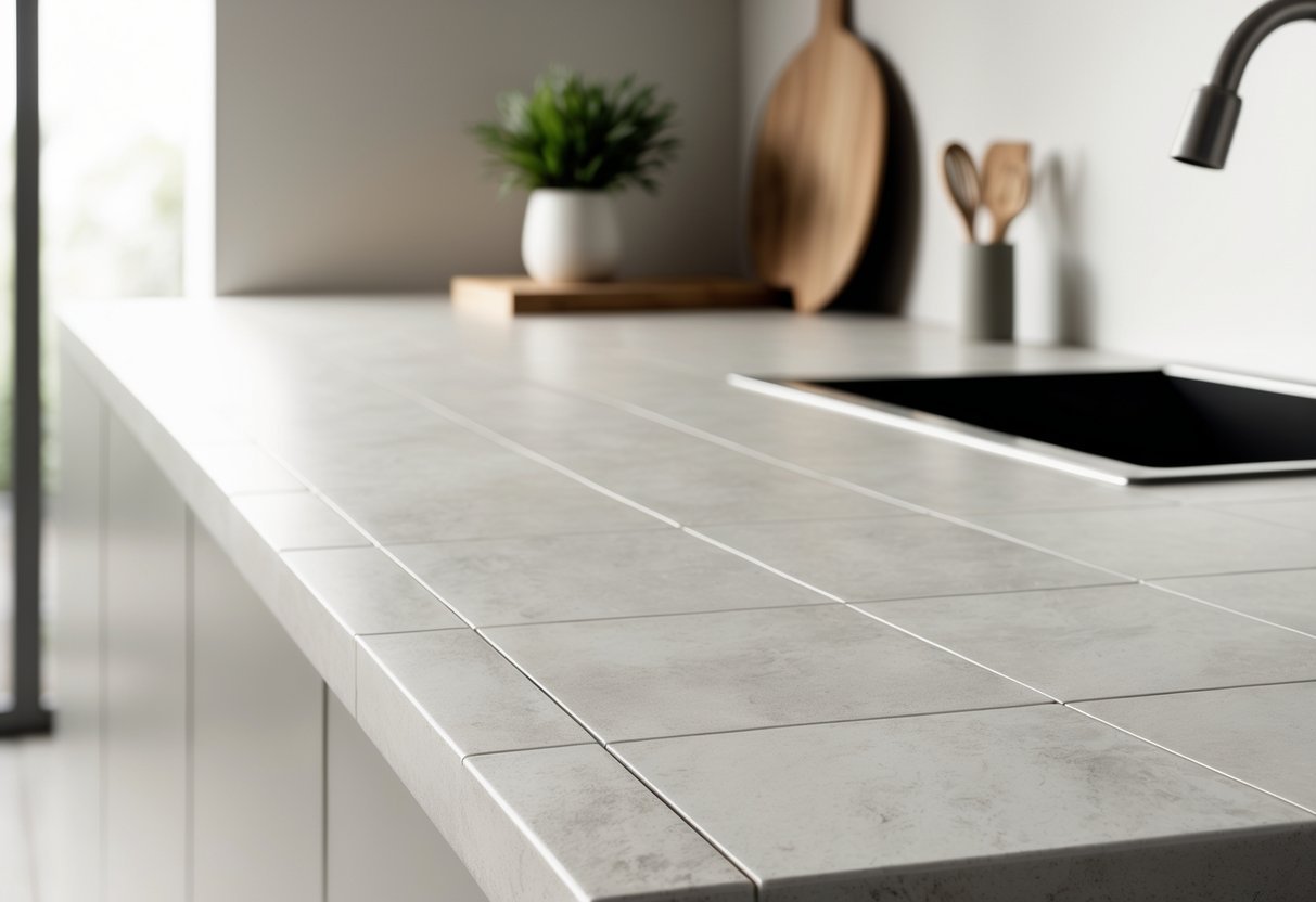 Close-up view of a modern kitchen countertop made of textured porcelain tiles with a sink and minimal accessories.