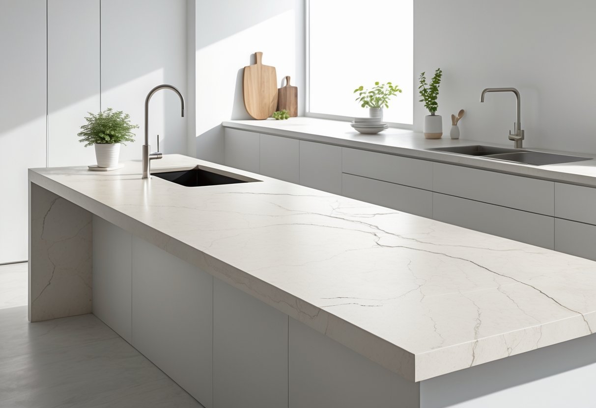 Modern kitchen countertop made of thin porcelain slabs with a built-in sink and minimal kitchen accessories.