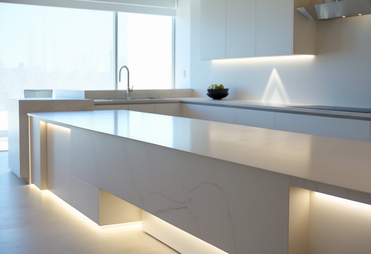 Modern kitchen with porcelain countertops illuminated by soft under-counter LED lights.