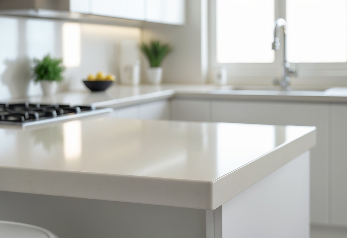 A modern kitchen with a sleek light-colored porcelain countertop, a built-in stovetop, faucet, and minimal decorative items.