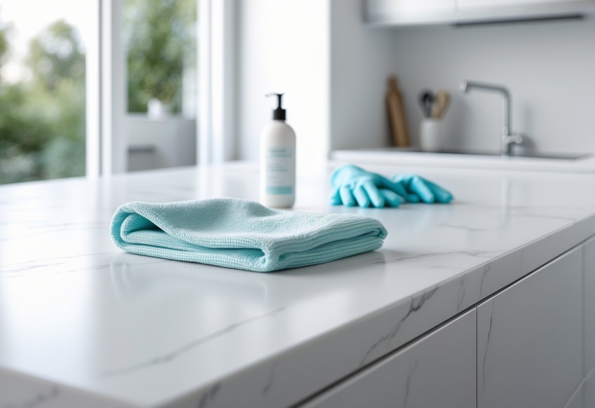 A clean, white porcelain kitchen countertop with a microfiber cloth, cleaning bottle, and rubber gloves arranged neatly on it.