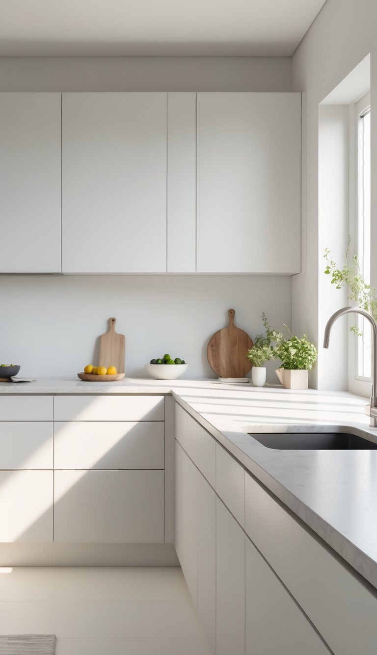 A bright kitchen with smooth ceramic countertops, simple cabinetry, a faucet, a cutting board, a small plant, and a bowl of fruit.