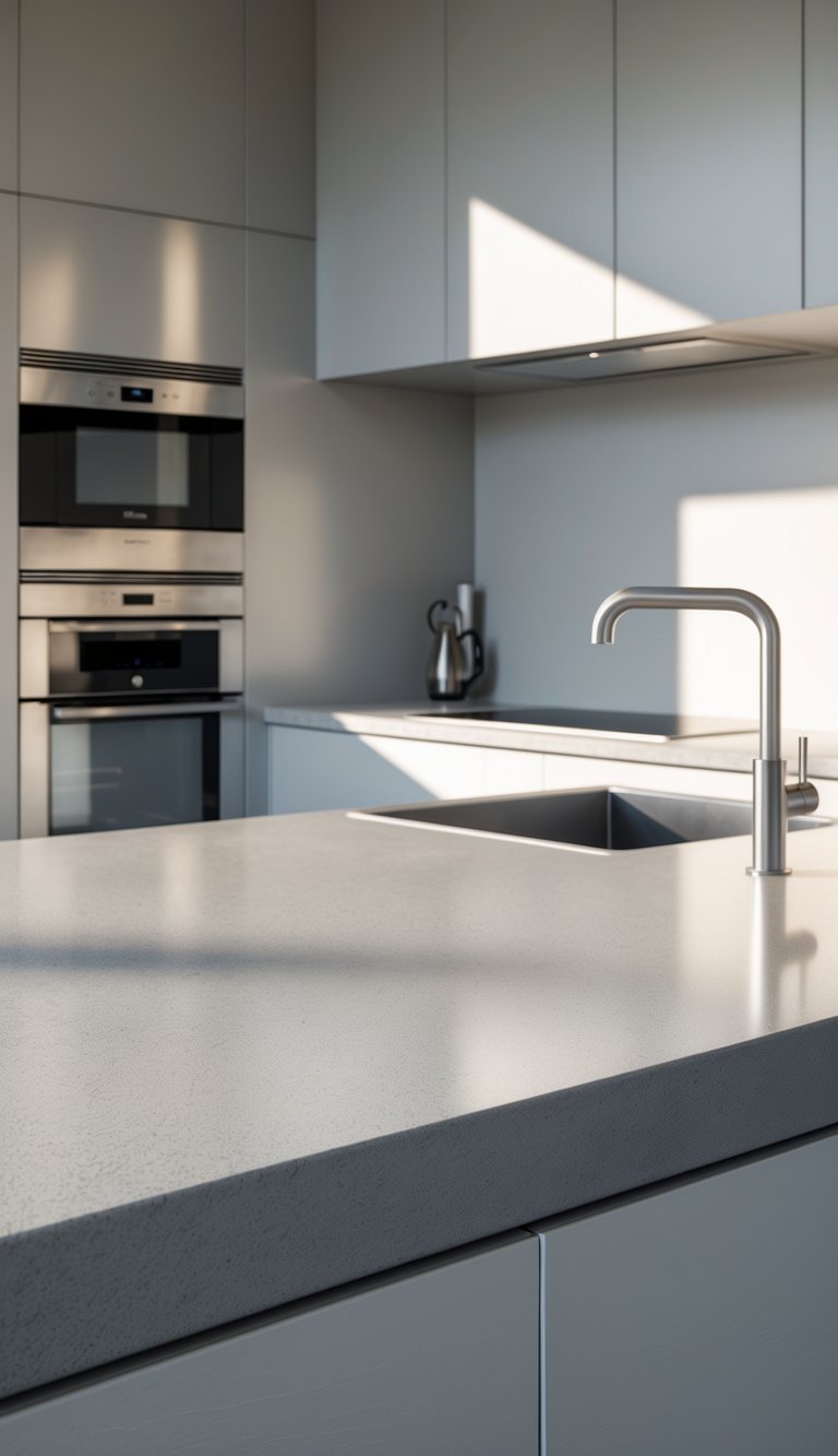 A kitchen countertop with gray ceramic worktops and stainless steel appliances including an oven and faucet.