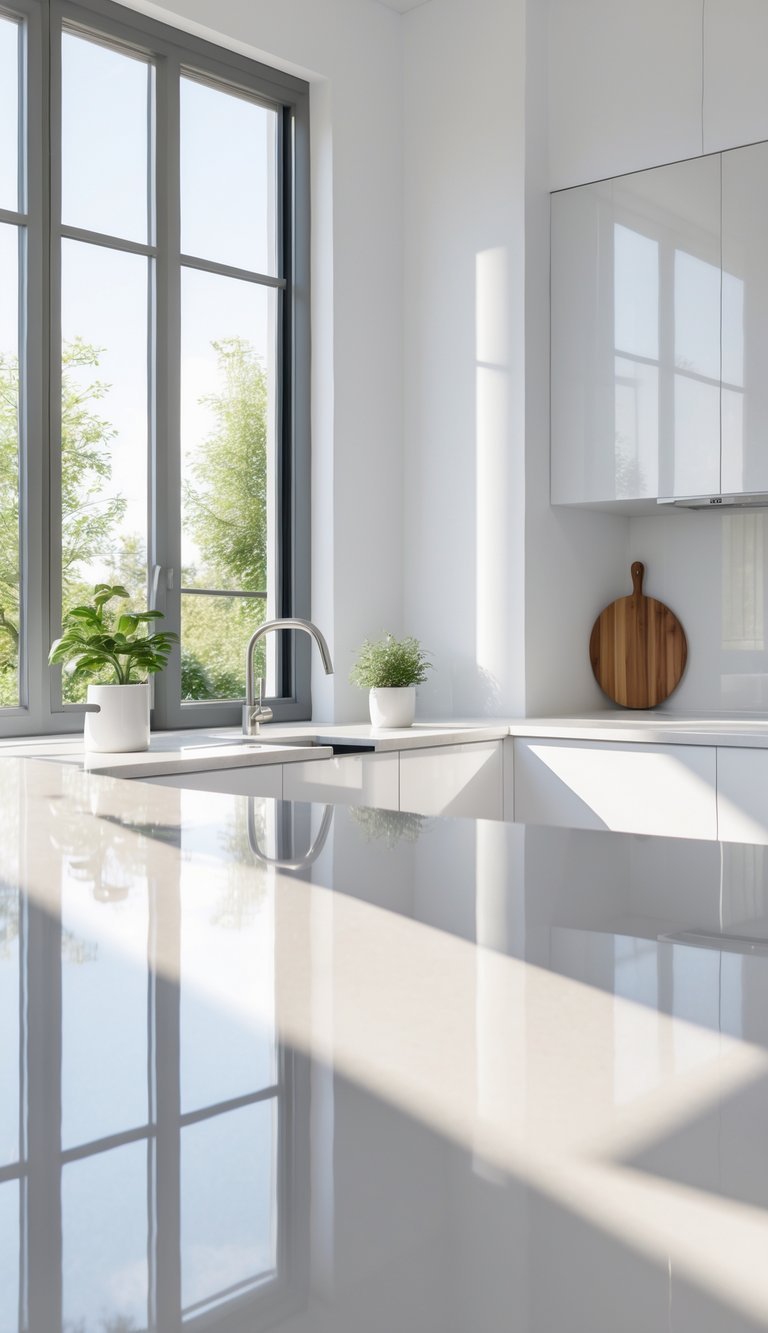 Bright minimalist kitchen with shiny ceramic countertops reflecting natural light from large windows.