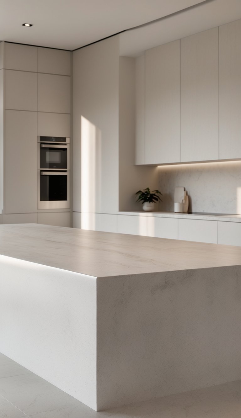 A modern kitchen with large smooth ceramic countertops and minimal grout lines, featuring clean cabinetry and integrated appliances.