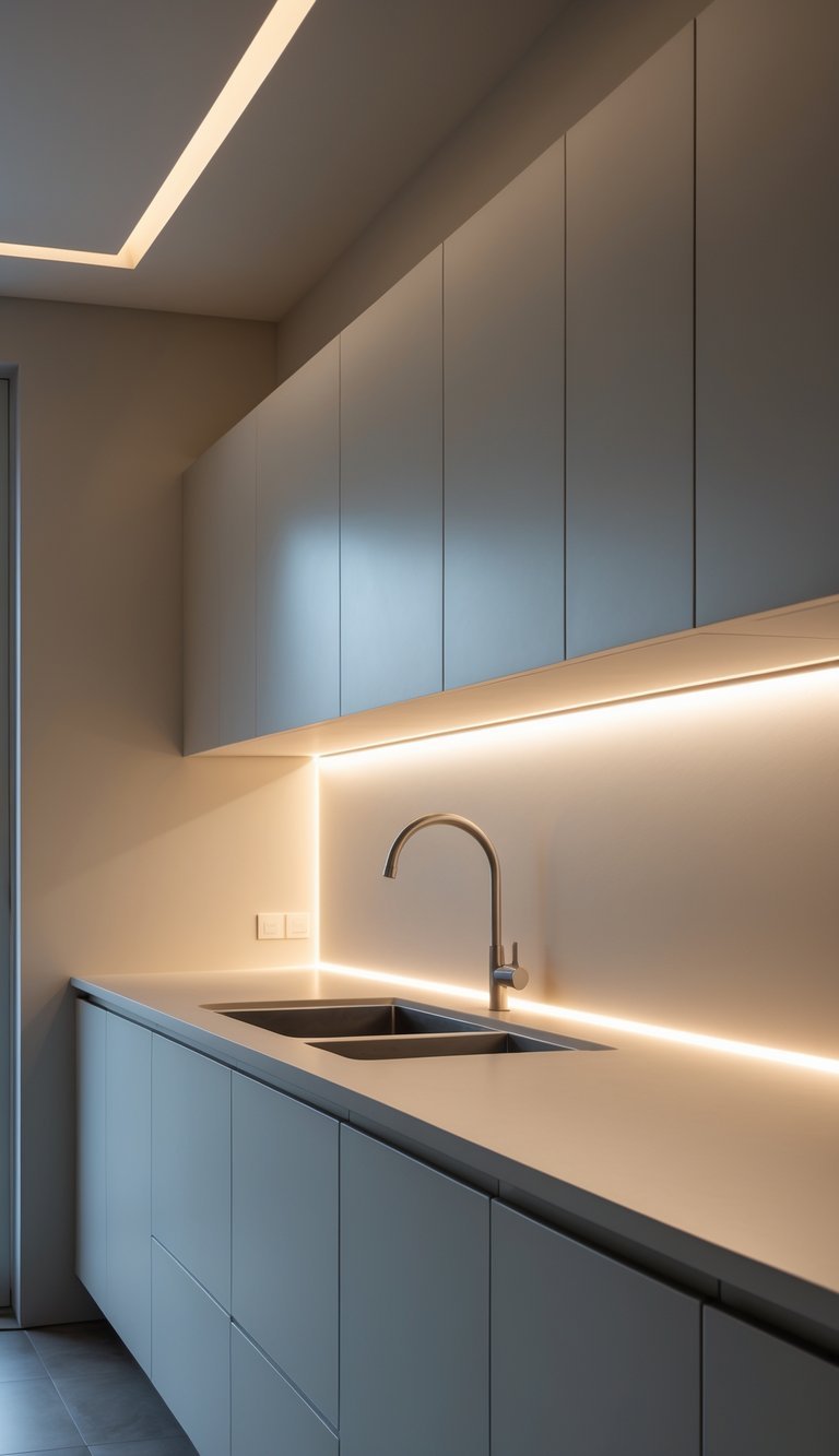 Minimalist kitchen countertop with ceramic worktops softly illuminated by LED lighting under the cabinets.