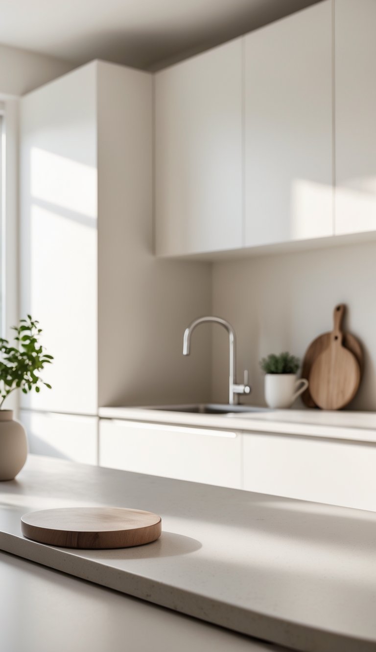 A bright kitchen with smooth ceramic worktops featuring rounded edges, light wood cabinets, and minimal kitchen accessories.