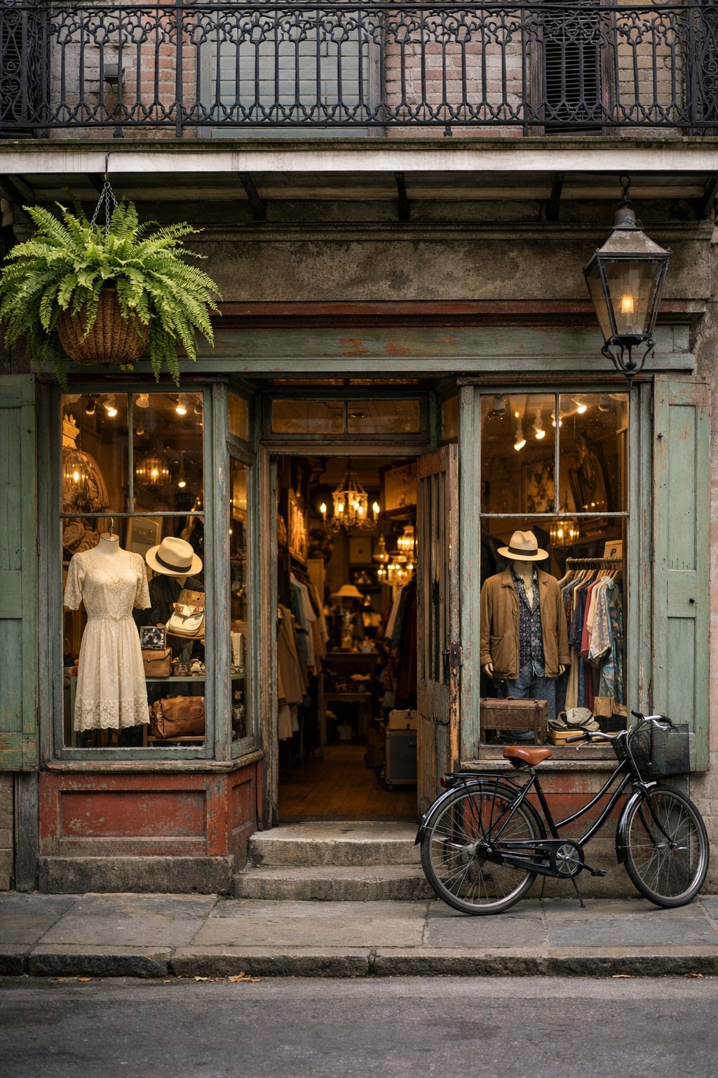 Exterior view of a vintage store in New Orleans with colorful architecture and a display of vintage clothing in the window.