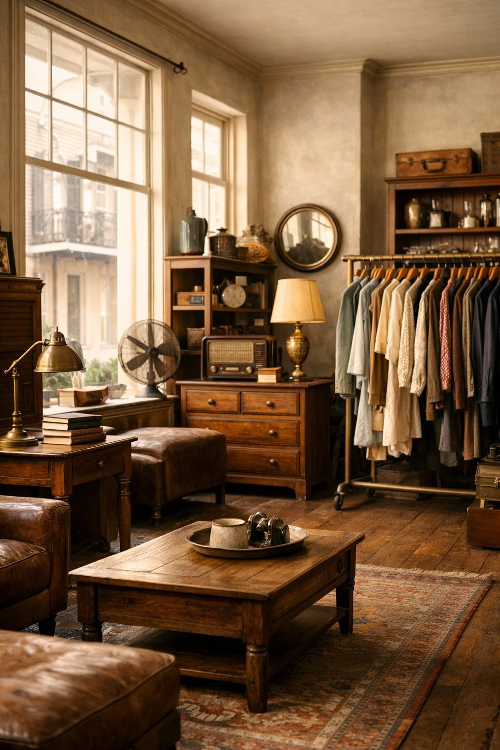 Interior of a vintage store with antique furniture, retro decor, and vintage clothing displayed under warm natural light.