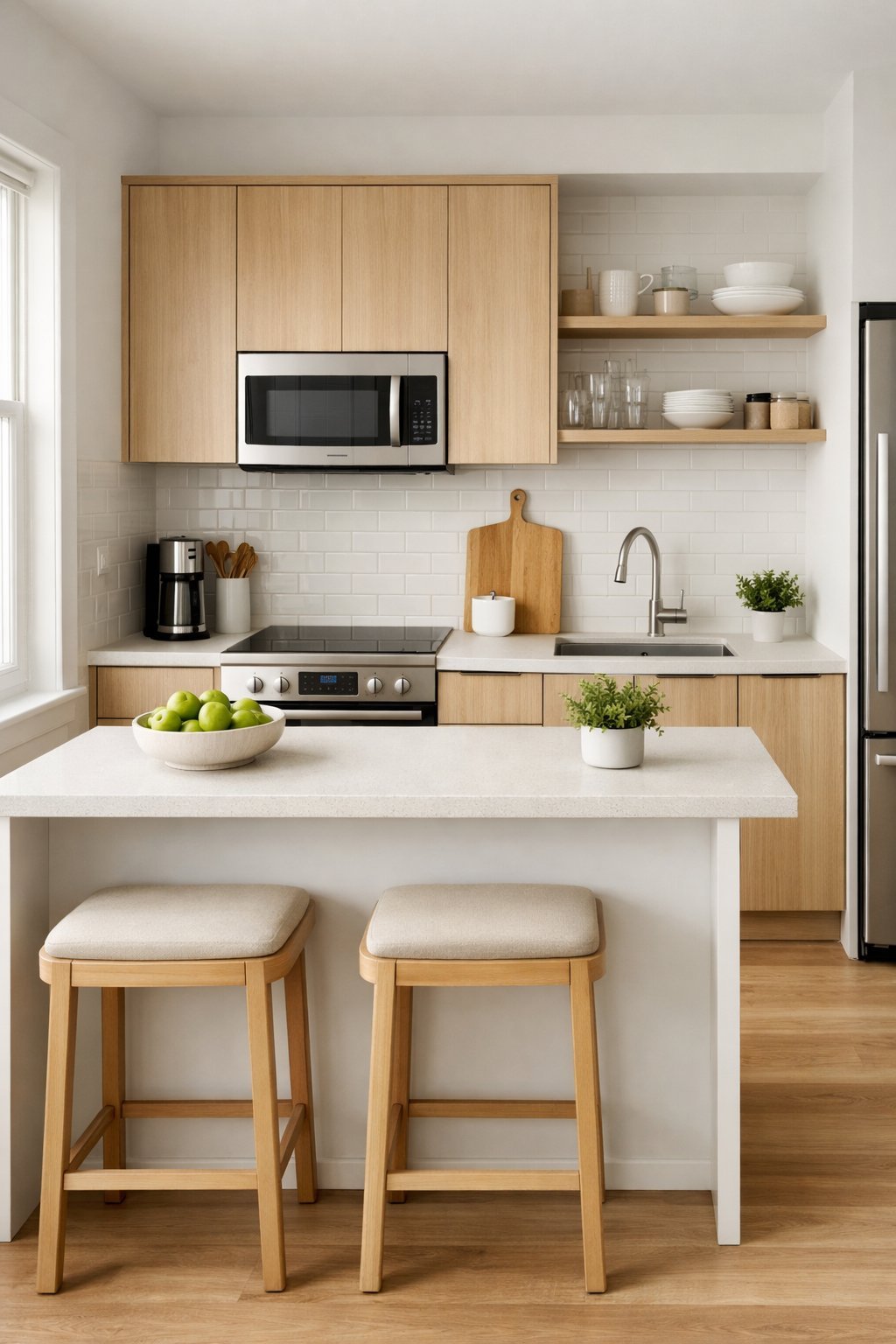 A small, modern kitchen with light wood cabinets, open shelves, and natural light coming through a window.