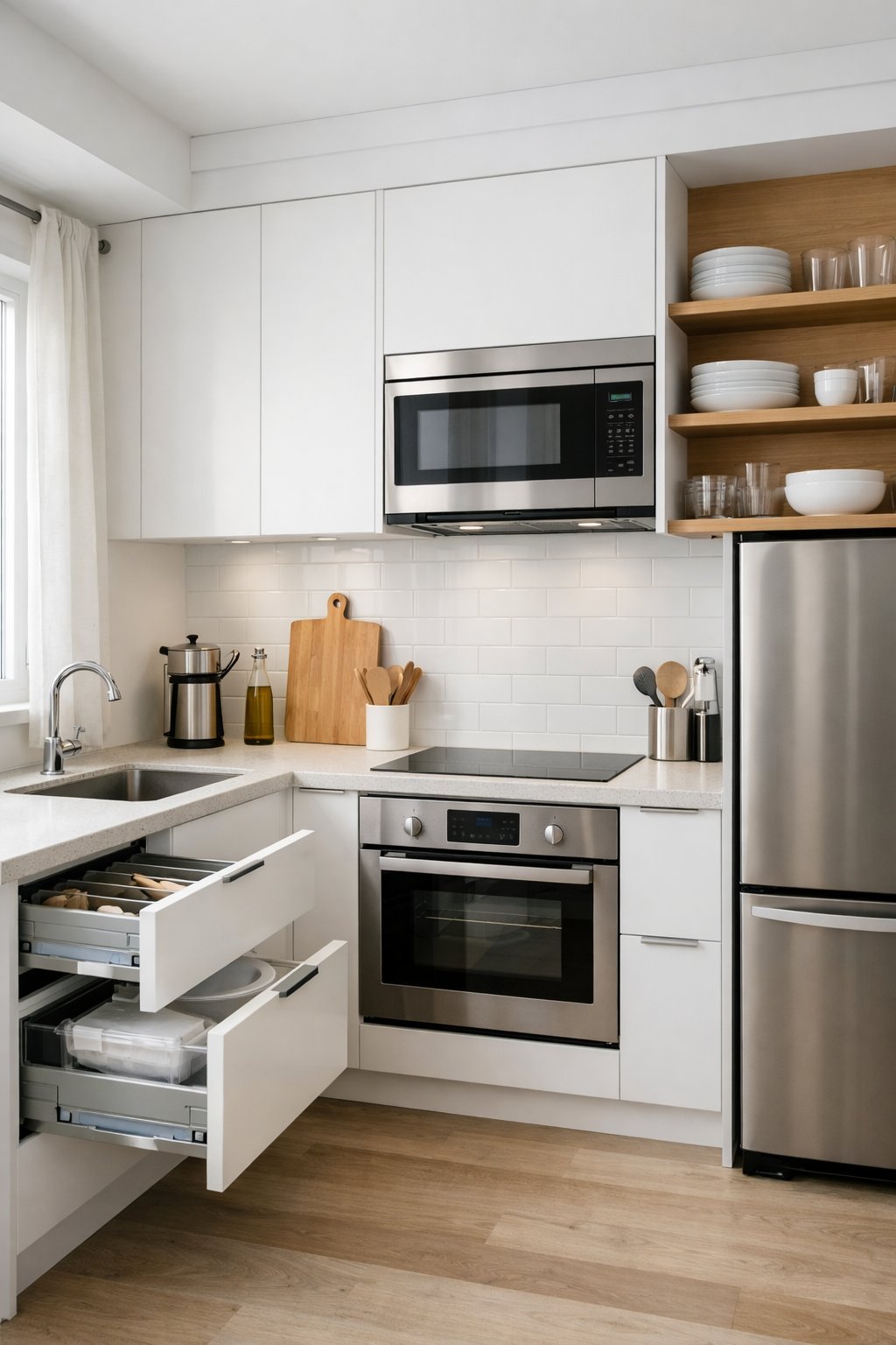 A small modern kitchen with white cabinets, stainless steel appliances, a potted plant on the counter, and natural light coming through a window.