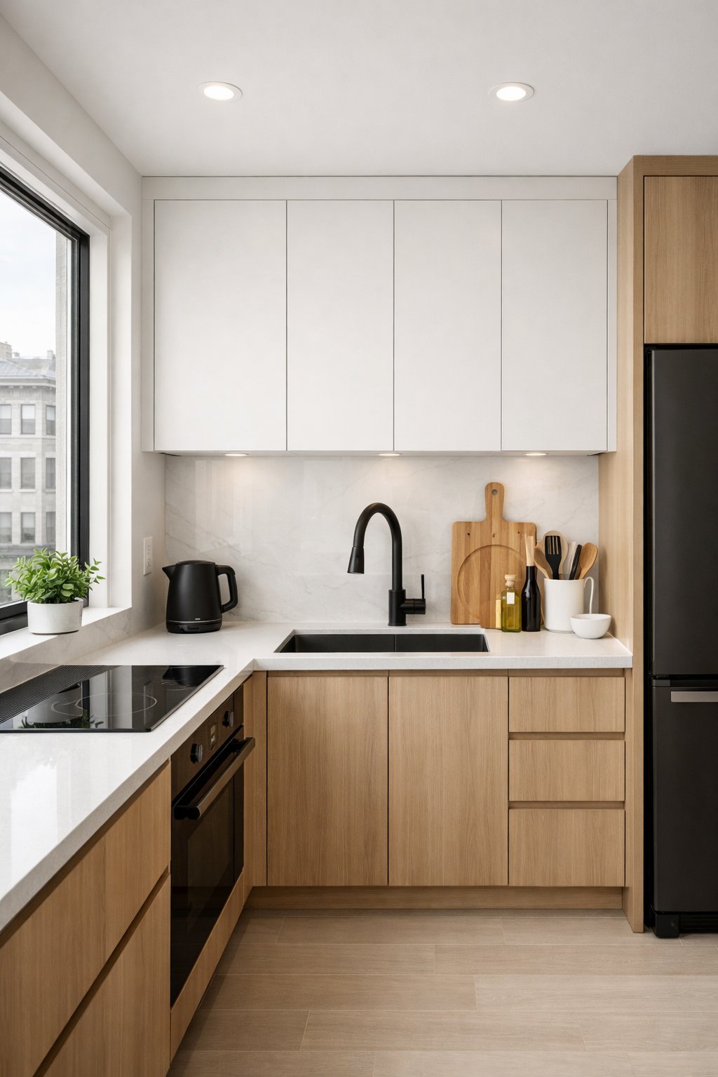 A small, modern kitchen with sleek cabinets, quartz countertops, and natural light from a large window.