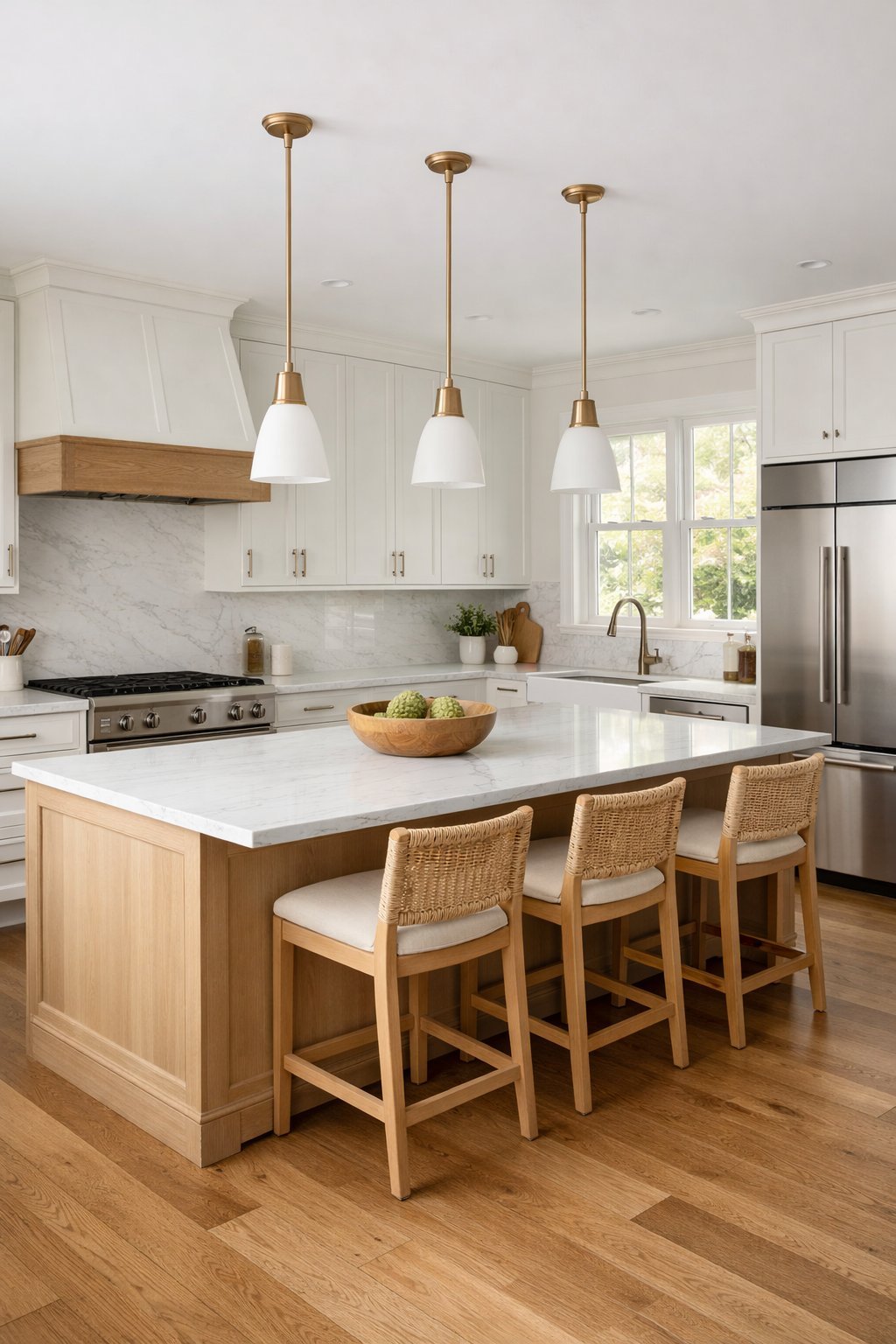 A bright kitchen with a large island, wood floors, built-in appliances, and natural light coming through windows.
