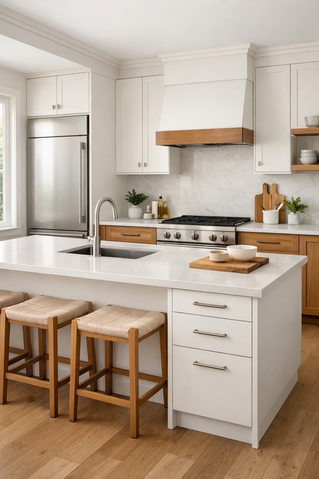 A bright, modern kitchen with a central island, wood and white cabinets, stone countertops, and natural light coming through large windows.