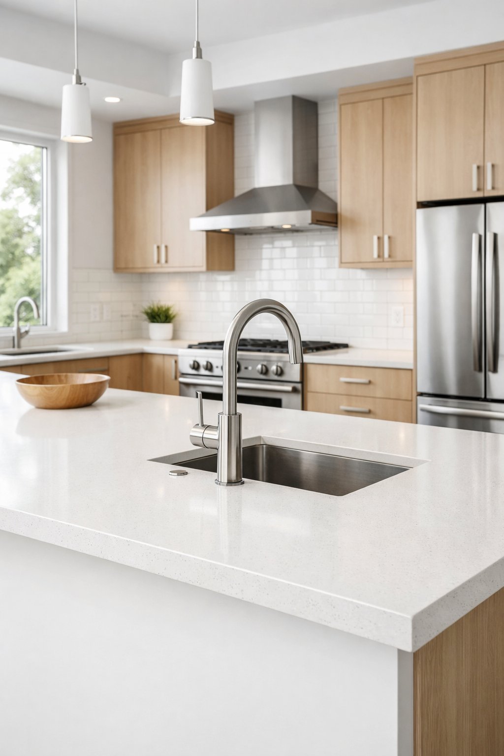 A modern kitchen interior with white countertops, light wood cabinets, stainless steel appliances, and natural light coming through large windows.