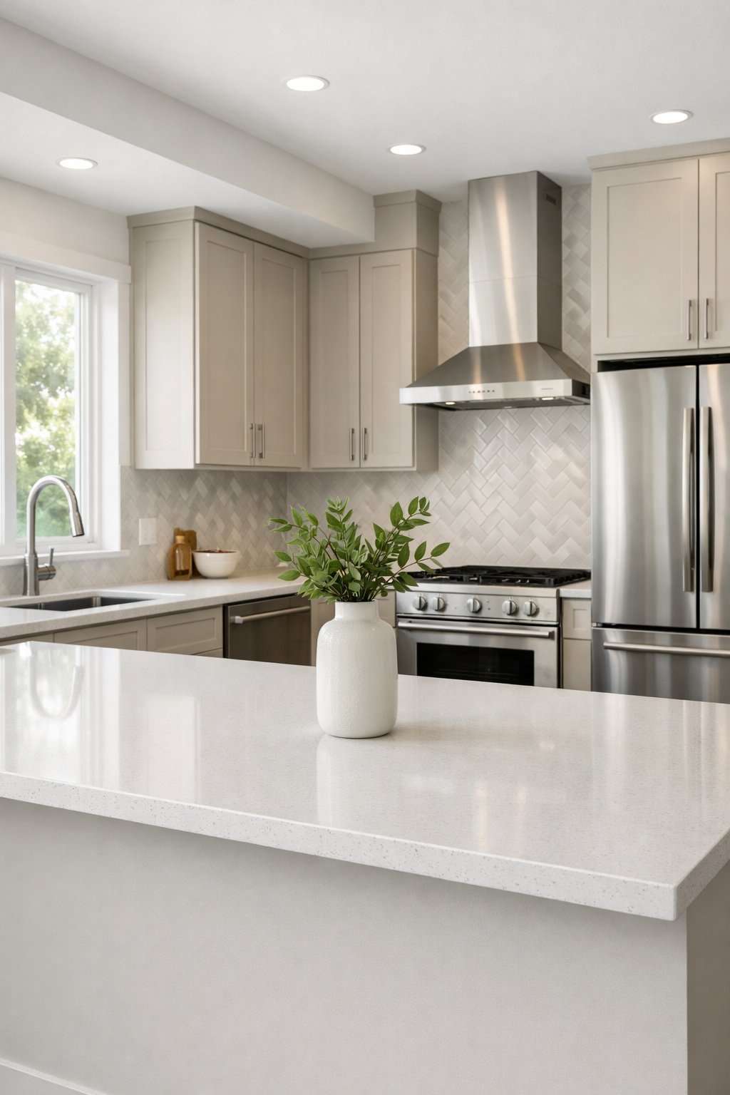 A bright, modern kitchen with sleek cabinets, quartz countertops, stainless steel appliances, and a kitchen island with a small vase of greenery.