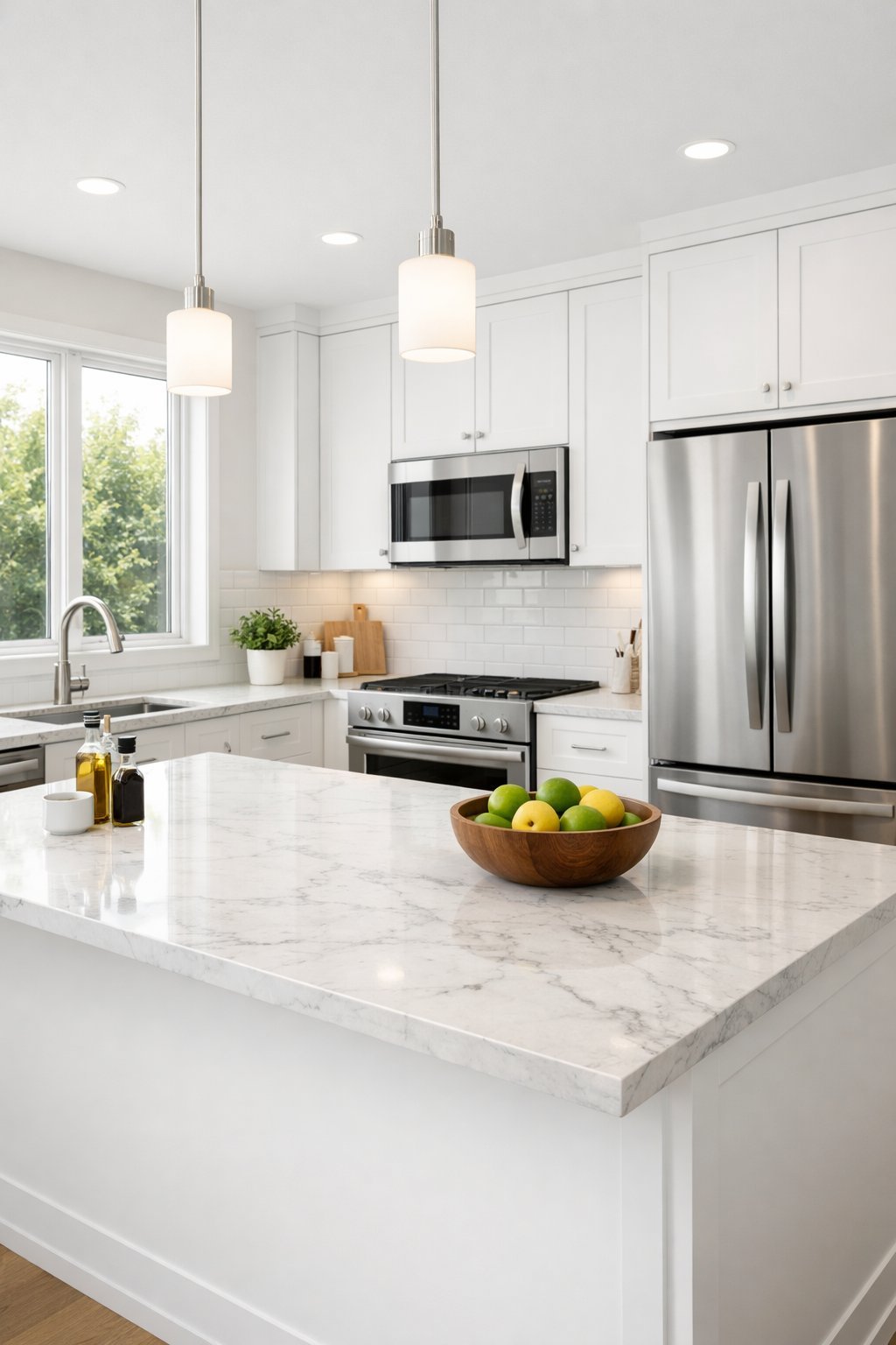 A bright, modern kitchen with white cabinets, marble island, stainless steel appliances, and natural light coming through large windows.