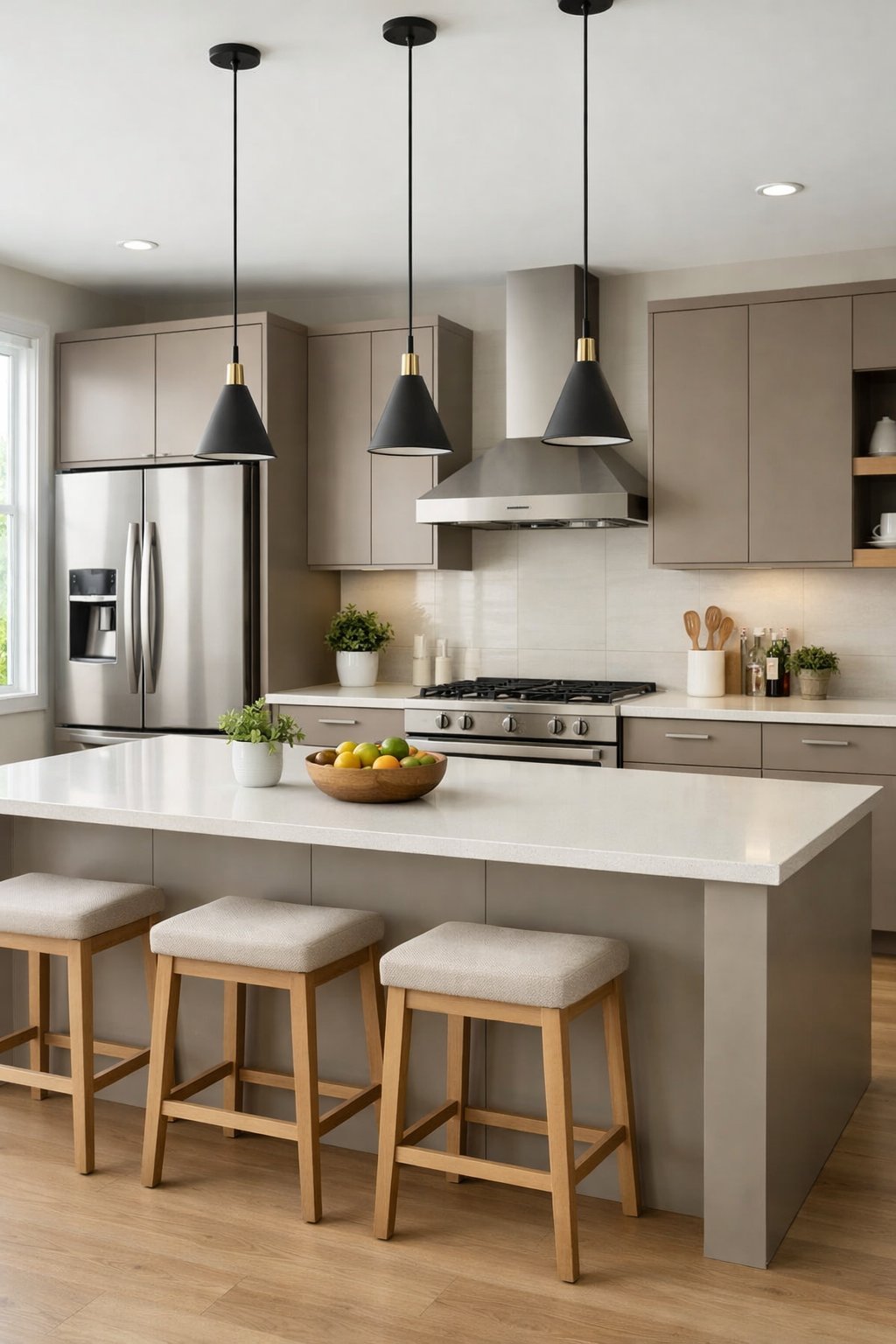 A modern kitchen with a large island, stainless steel appliances, and natural light coming through windows.