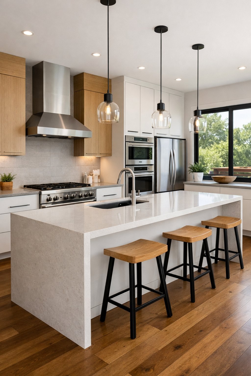 A modern kitchen with sleek cabinets, a large island, stainless steel appliances, and natural light coming through windows.