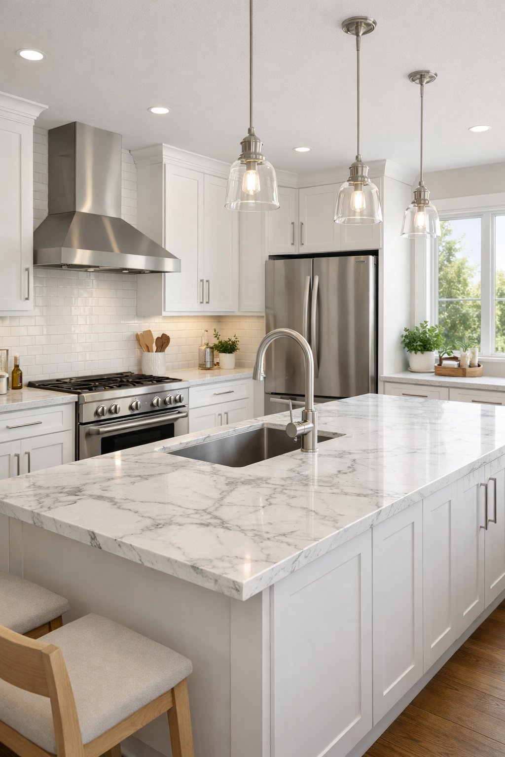 A bright, modern kitchen with white cabinets, a marble island, stainless steel appliances, and natural light coming through large windows.