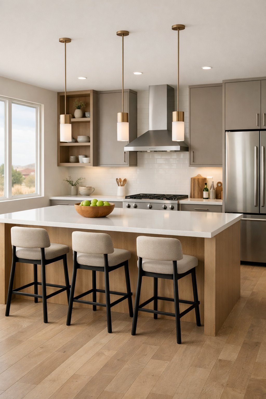 Modern kitchen interior with a kitchen island, bar stools, stainless steel appliances, and natural light coming through large windows.