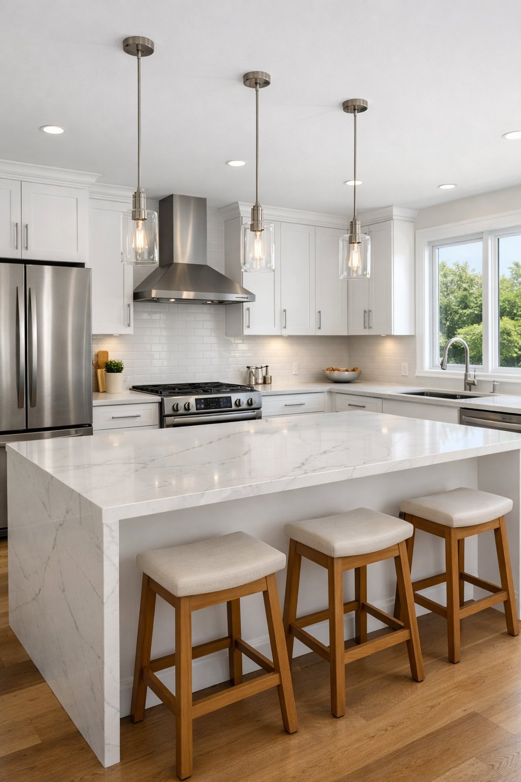 A modern kitchen with white cabinets, a marble island, stainless steel appliances, and pendant lights illuminated by natural light.