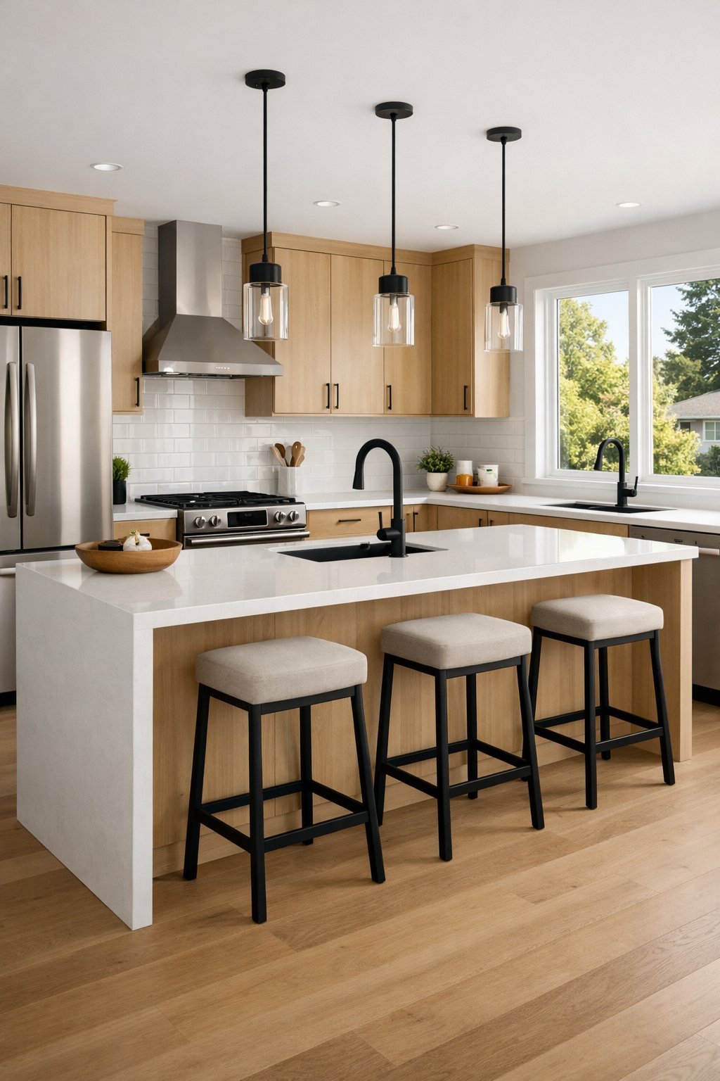 A modern kitchen with white countertops, light wood cabinets, stainless steel appliances, and a large island under natural light.