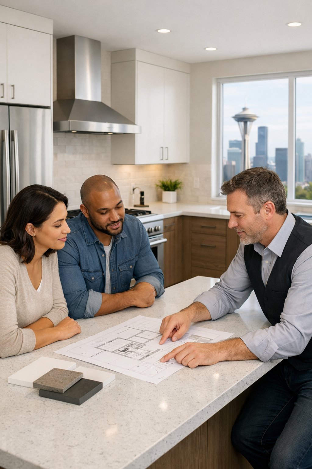 A couple discussing kitchen remodeling plans with a professional in a modern kitchen with large windows showing Seattle's skyline.