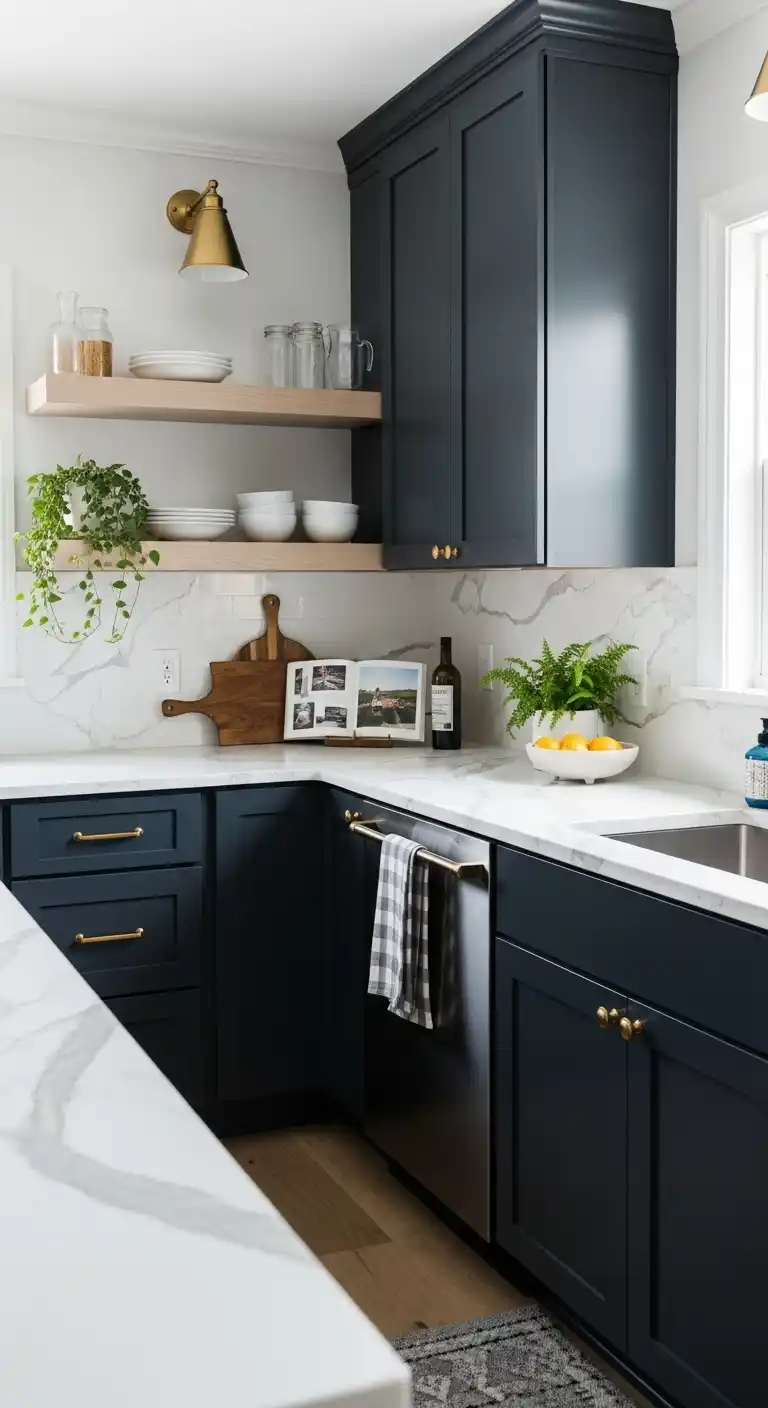 Deep Navy Cabinets With White Marble Countertops