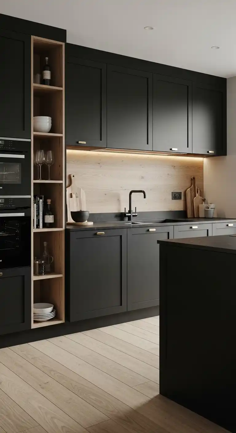 Matte Black Kitchen Cabinets With Warm Wood Accents