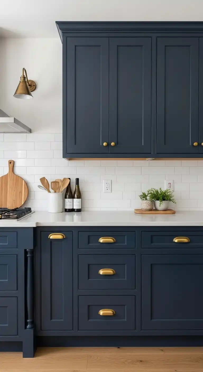 Navy Blue Kitchen Cabinets with Warm Brass Hardware