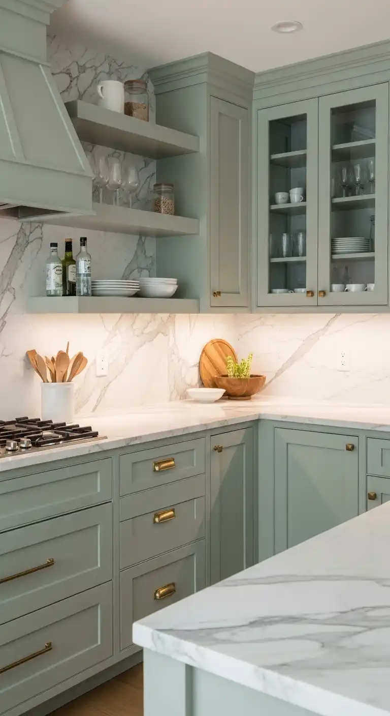 Sage Green Shaker Cabinets with Marble Countertops