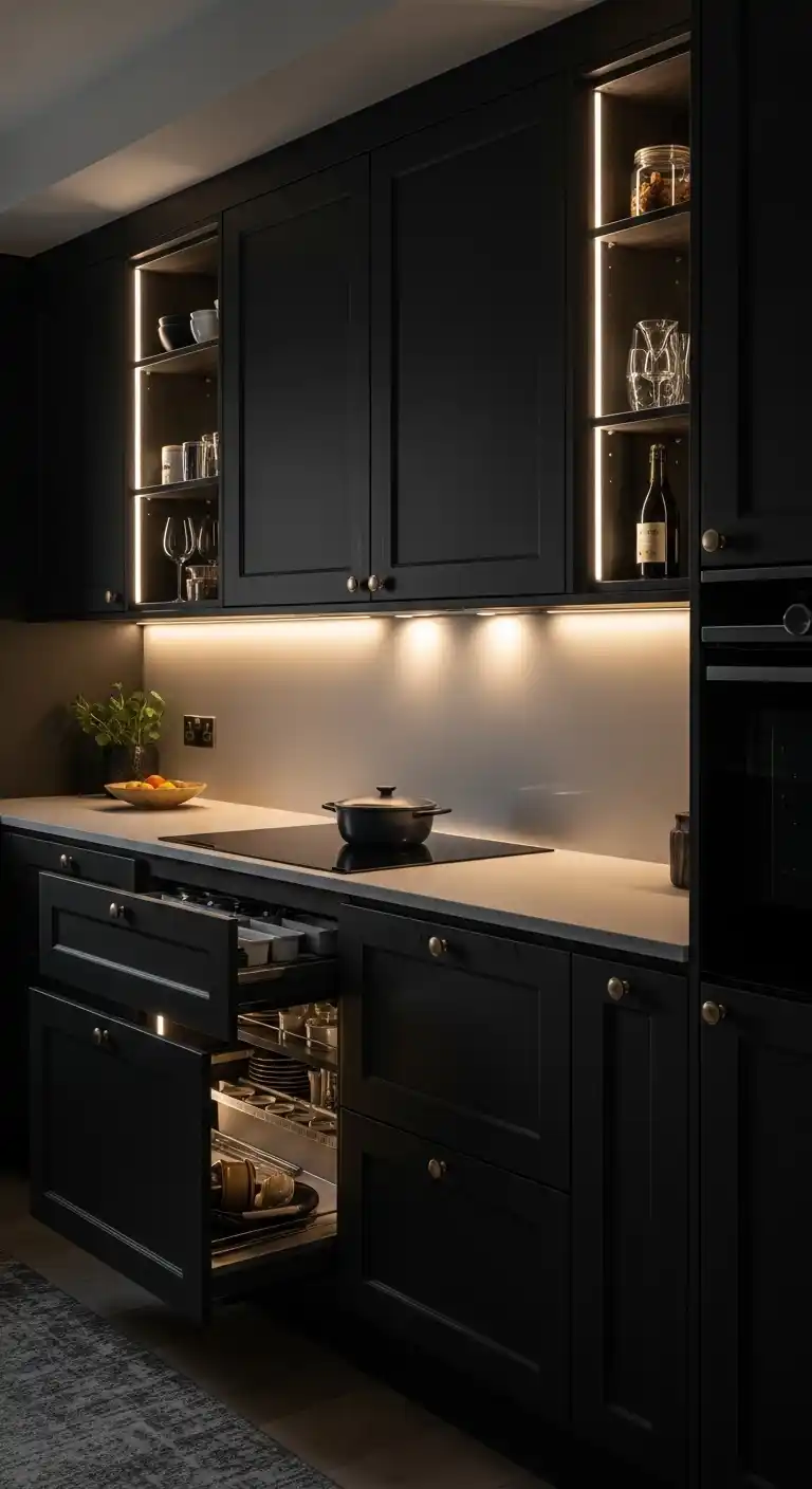 Black Kitchen Cabinets With Integrated Lighting Features